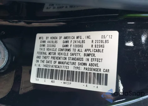 2012 Honda Accord 2.4 Ex из США, поврежденный, VIN 1HGCS1A76CA017703